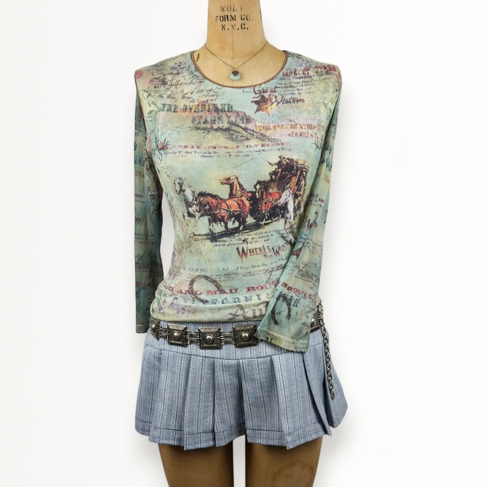 Western Women's M Graphic Tee Sheer Mesh Sleeves Rodeo Vintage Cowgirl Y2K